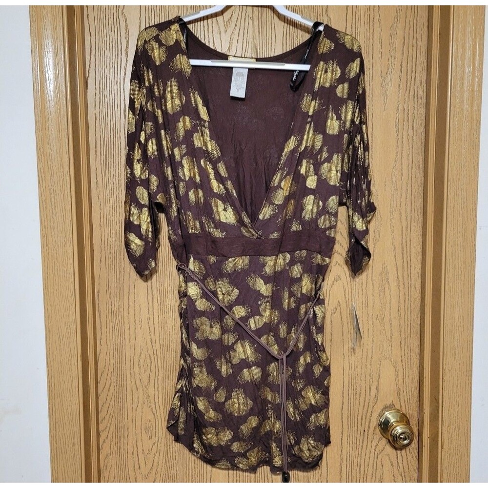 NWT Baby Phat Women's 3X Gold Metalic Print Mini Dress Rope Belt 3/4 Sleeve Boho